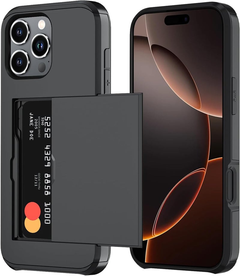 QMAY Compatible with iPhone 16 Pro Max Case with Card Holder, Dual Layer Shockproof,Heavy Duty Protective Hidden Slot Slim Wallet Phone Cover，Black - Image 1